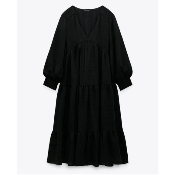 Zara Textured V-neck Tiered Maxi Dress Black - Picture 1 of 13